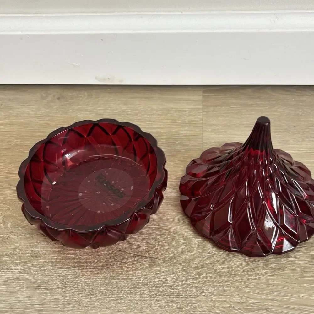 Hershey's Kisses Ruby Red Flash Pressed Glass Candy Dish w/ Lid Diamond Point